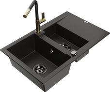 Mexen Gaspar 1.5-Bowl Granite Sink with Drainer and Flora Kitchen Faucet, Black/Gold - 6507-75-670401-57-B
