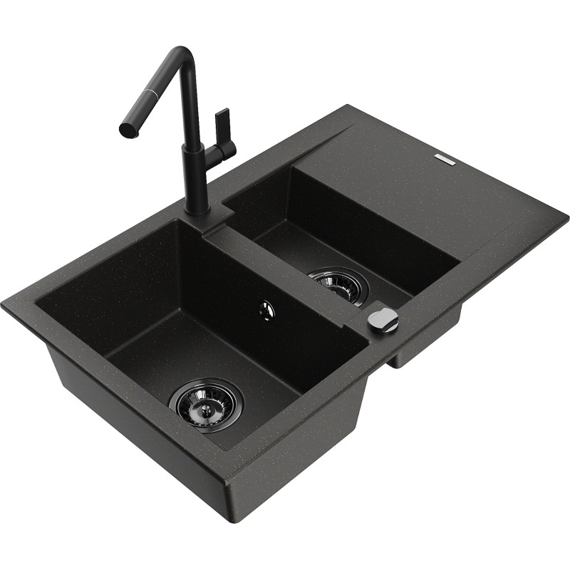 Mexen Gaspar 1.5-bowl granite sink with drainer and Flora kitchen faucet, black/gold - 6507-75-670401-70-B