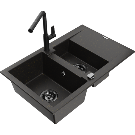 Mexen Gaspar 1.5-bowl granite sink with drainer and Flora kitchen faucet, black/gold - 6507-75-670401-70-B