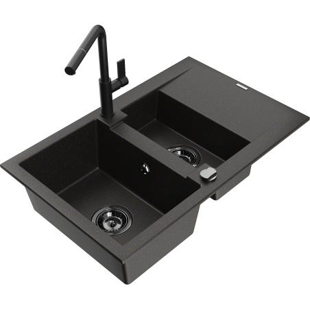 Mexen Gaspar granite sink 1.5-bowl with drainer and Flora kitchen faucet, black/gold - 6507-75-670401-70-B