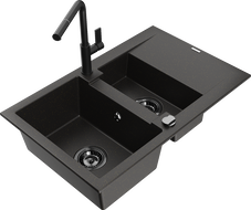 Mexen Gaspar 1.5-compartment granite sink with a drip tray and kitchen mixer tap Flora, Black/Gold - 6507-75-670401-70-B