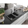 Mexen Gaspar granite sink 1.5-bowl with drainer and Flora kitchen faucet, speckled black - 6507-76-670401-00