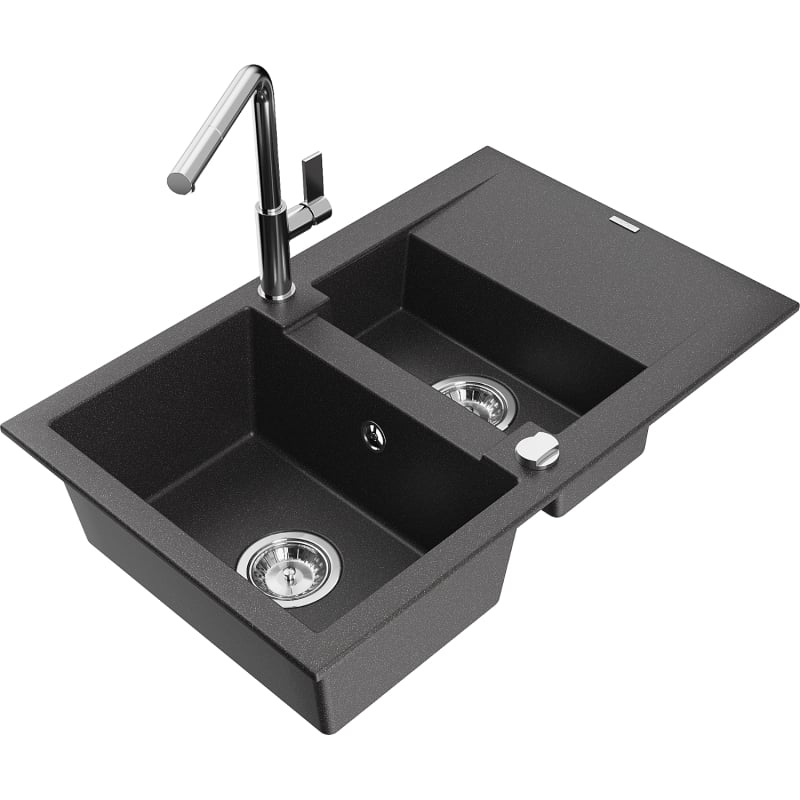 Mexen Gaspar granite sink 1.5-bowl with drainer and Flora kitchen faucet, speckled black - 6507-76-670401-00