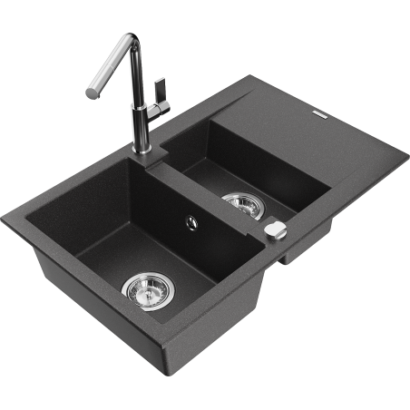 Mexen Gaspar granite sink 1.5-bowl with drainer and Flora kitchen faucet, speckled black - 6507-76-670401-00
