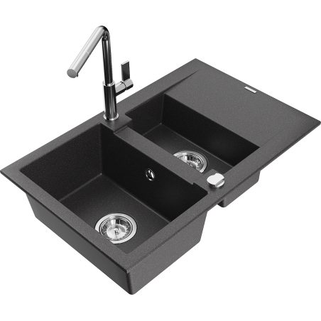 Mexen Gaspar granite sink 1.5-bowl with drainer and Flora kitchen tap, speckled black - 6507-76-670401-00
