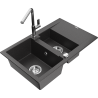 Mexen Gaspar granite sink 1.5-bowl with drainer and Flora kitchen faucet, speckled black - 6507-76-670401-00