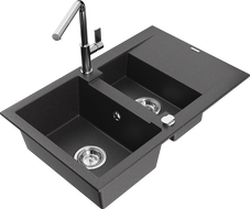 Mexen Gaspar granite sink 1.5-compartment with drainer and kitchen faucet Flora, speckled black - 6507-76-670401-00