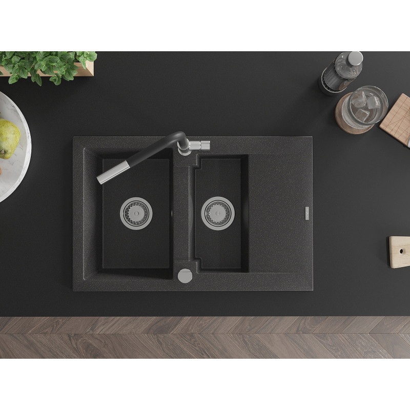 Mexen Gaspar 1.5-bowl granite sink with drainer and Flora kitchen faucet, speckled black - 6507-76-670401-07