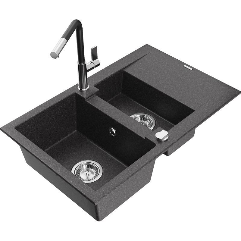 Mexen Gaspar 1.5-compartment granite sink with a drip tray and kitchen mixer tap Flora, spotted black - 6507-76-670401-07