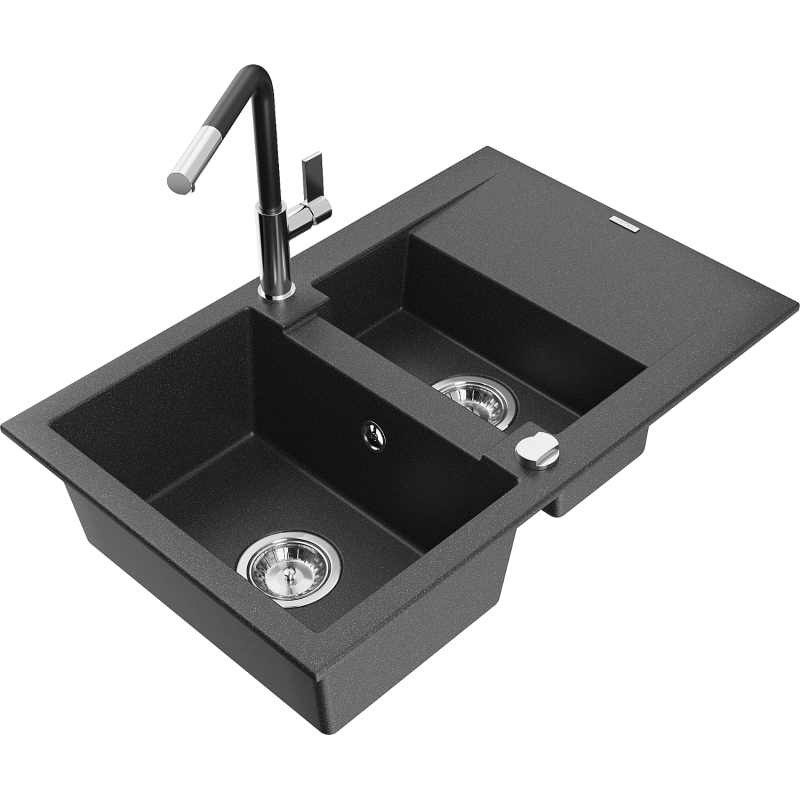 Mexen Gaspar granite sink 1.5-bowl with drainer and Flora kitchen tap, speckled black - 6507-76-670401-07