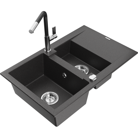 Mexen Gaspar 1.5-bowl granite sink with drainer and Flora kitchen faucet, speckled black - 6507-76-670401-07