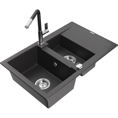 Mexen Gaspar granite sink 1.5-bowl with drainer and Flora kitchen faucet, black speckled - 6507-76-670401-07