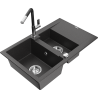 Mexen Gaspar 1.5-bowl granite sink with drainer and Flora kitchen faucet, speckled black - 6507-76-670401-07