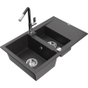 Mexen Gaspar granite sink 1.5-bowl with drainer and Flora kitchen faucet, black speckled - 6507-76-670401-07
