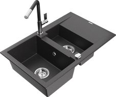 Mexen Gaspar 1.5-bowl granite sink with drainer and Flora kitchen faucet, speckled black - 6507-76-670401-07