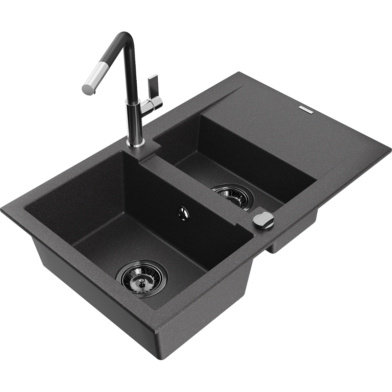 Mexen Gaspar 1.5-compartment granite sink with a drip tray and kitchen mixer tap Flora, spotted black - 6507-76-670401-07-B