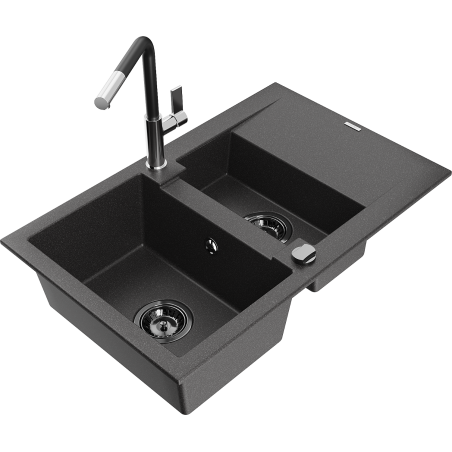 Mexen Gaspar 1.5-bowl granite sink with drainer and Flora kitchen tap, black speckled - 6507-76-670401-07-B