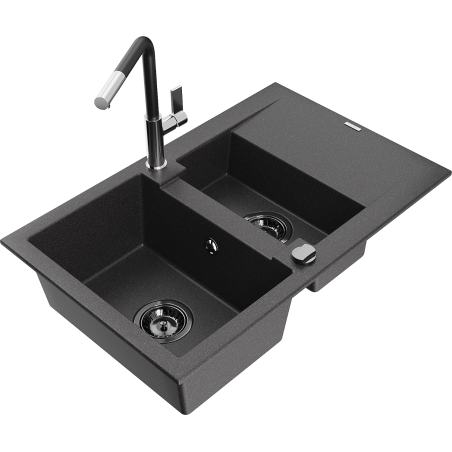 Mexen Gaspar granite kitchen sink 1.5-bowl with drainer and Flora kitchen faucet, speckled black - 6507-76-670401-07-B
