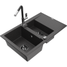 Mexen Gaspar 1.5-bowl granite sink with drainer and Flora kitchen tap, black speckled - 6507-76-670401-07-B