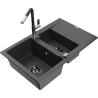 Mexen Gaspar granite sink 1.5-bowl with drainer and Flora kitchen tap, speckled black - 6507-76-670401-07-B