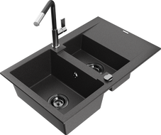 Mexen Gaspar 1.5-bowl granite sink with drainer and Flora kitchen tap, black speckled - 6507-76-670401-07-B