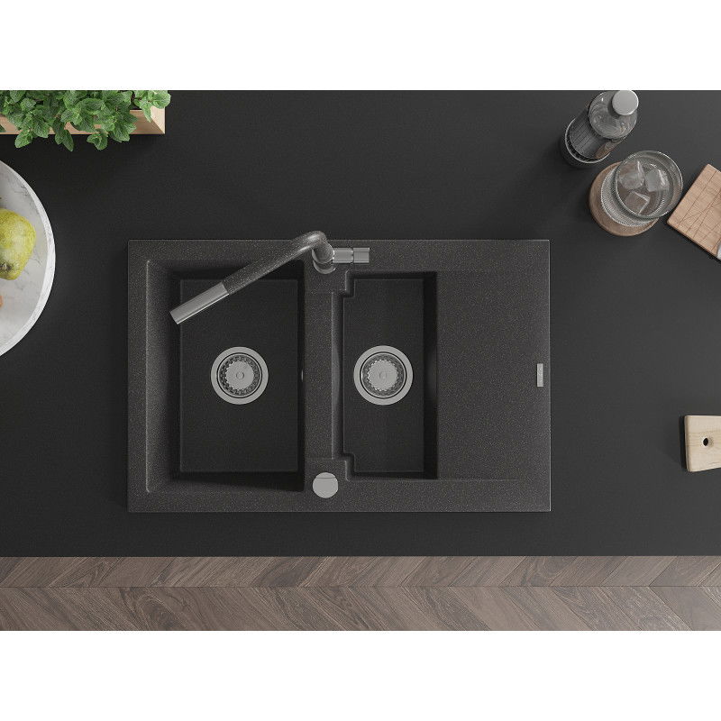 Mexen Gaspar granite sink 1.5-bowl with drainer and Flora kitchen tap, black speckled - 6507-76-670401-08