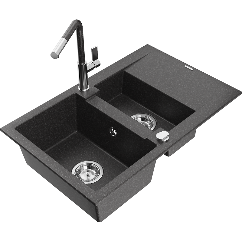 Mexen Gaspar granite sink 1.5-bowl with drainer and Flora kitchen tap, black speckled - 6507-76-670401-08