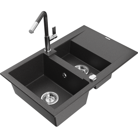 Mexen Gaspar 1.5-bowl granite sink with drainer and Flora kitchen faucet, black speckled - 6507-76-670401-08