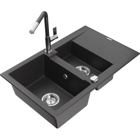 Mexen Gaspar granite sink 1.5-bowl with drainer and Flora kitchen tap, black speckled - 6507-76-670401-08