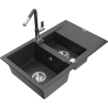 Mexen Gaspar 1.5-compartment granite sink with a drip tray and kitchen mixer tap Flora, spotted black - 6507-76-670401-08