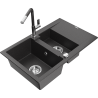Mexen Gaspar granite sink 1.5-bowl with drainer and Flora kitchen tap, black speckled - 6507-76-670401-08