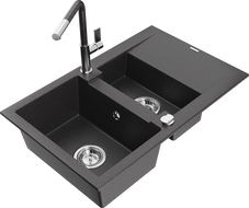 Mexen Gaspar 1.5-bowl granite sink with drainer and Flora kitchen faucet, black speckled - 6507-76-670401-08