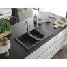 Mexen Gaspar 1.5-bowl granite sink with drainer and Flora kitchen faucet, black speckled - 6507-76-670401-08-B