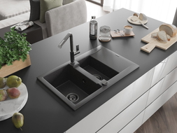 Mexen Gaspar 1.5-bowl granite sink with drainer and Flora kitchen faucet, black speckled - 6507-76-670401-08-B