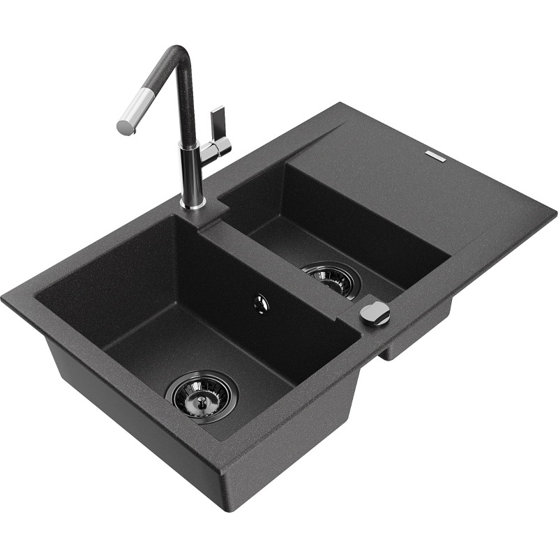 Mexen Gaspar 1.5-bowl granite sink with drainer and Flora kitchen faucet, black speckled - 6507-76-670401-08-B