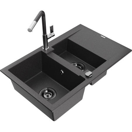 Mexen Gaspar 1.5-bowl granite sink with drainer and Flora kitchen faucet, black speckled - 6507-76-670401-08-B