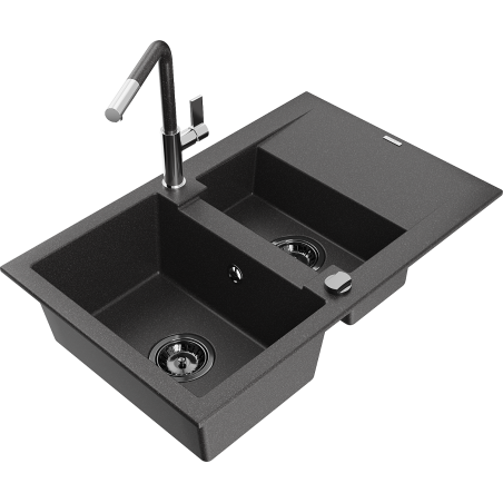Mexen Gaspar granite sink 1.5-bowl with drainer and kitchen tap Flora, black speckled - 6507-76-670401-08-B