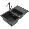 Mexen Gaspar 1.5-bowl granite sink with drainer and Flora kitchen faucet, black speckled - 6507-76-670401-08-B