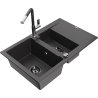 Mexen Gaspar 1.5-compartment granite sink with a drip tray and kitchen mixer tap Flora, spotted black - 6507-76-670401-08-B