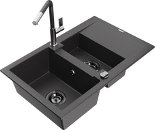 Mexen Gaspar 1.5-compartment granite sink with a drip tray and kitchen mixer tap Flora, spotted black - 6507-76-670401-08-B