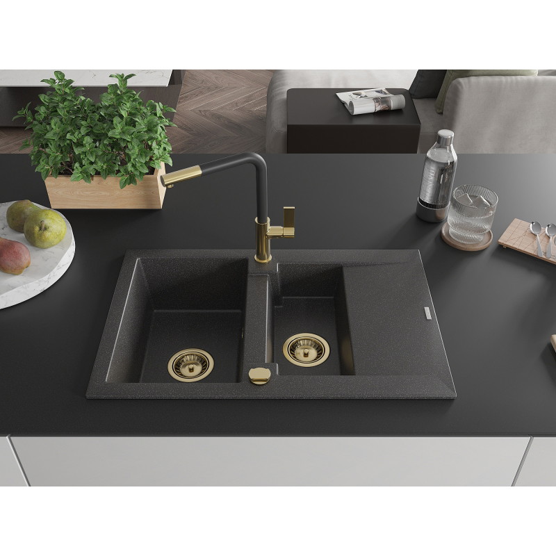 Mexen Gaspar granite sink 1.5-bowl with drainer and Flora kitchen faucet, black speckled - 6507-76-670401-57-G