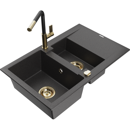 Mexen Gaspar 1.5-compartment granite sink with a drip tray and kitchen mixer tap Flora, spotted black - 6507-76-670401-57-G