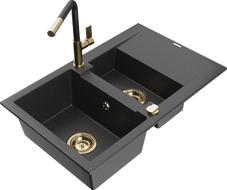 Mexen Gaspar granite sink 1.5-bowl with drainer and Flora kitchen faucet, black speckled - 6507-76-670401-57-G