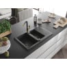 Mexen Gaspar granite sink 1.5-bowl with drainer and Flora kitchen tap, black speckled - 6507-76-670401-57-B