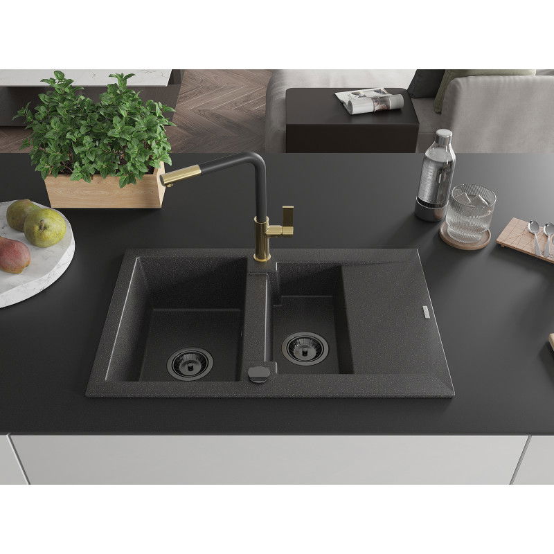 Mexen Gaspar granite sink 1.5-bowl with drainer and Flora kitchen tap, black speckled - 6507-76-670401-57-B