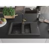 Mexen Gaspar granite kitchen sink 1.5-bowl with drainer and Flora kitchen faucet, speckled black - 6507-76-670401-57-B