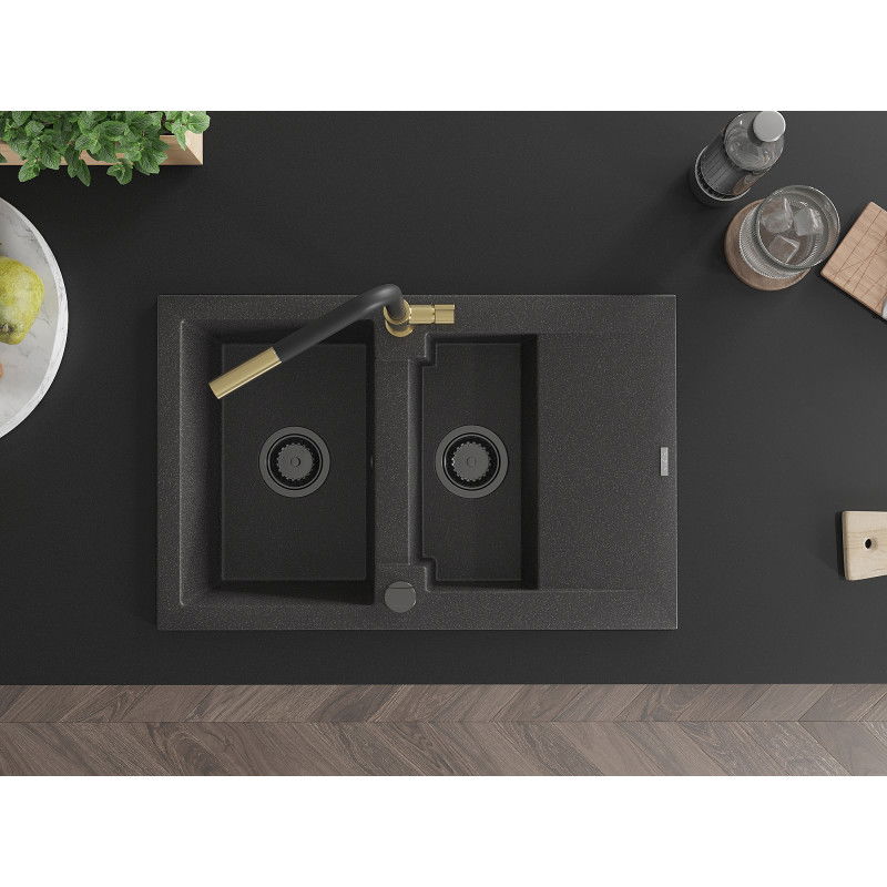 Mexen Gaspar granite sink 1.5-bowl with drainer and Flora kitchen tap, black speckled - 6507-76-670401-57-B