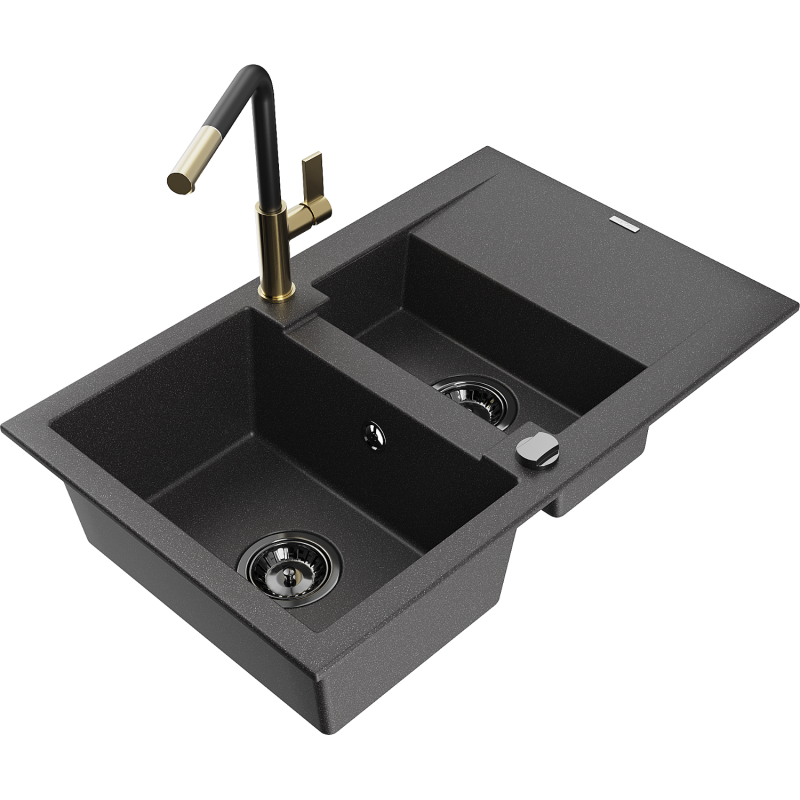 Mexen Gaspar granite sink 1.5-bowl with drainer and Flora kitchen tap, black speckled - 6507-76-670401-57-B
