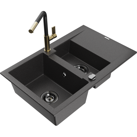 Mexen Gaspar 1.5-bowl granite sink with drainer and Flora kitchen faucet, speckled black - 6507-76-670401-57-B