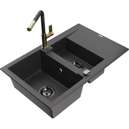 Mexen Gaspar granite kitchen sink 1.5-bowl with drainer and Flora kitchen faucet, speckled black - 6507-76-670401-57-B
